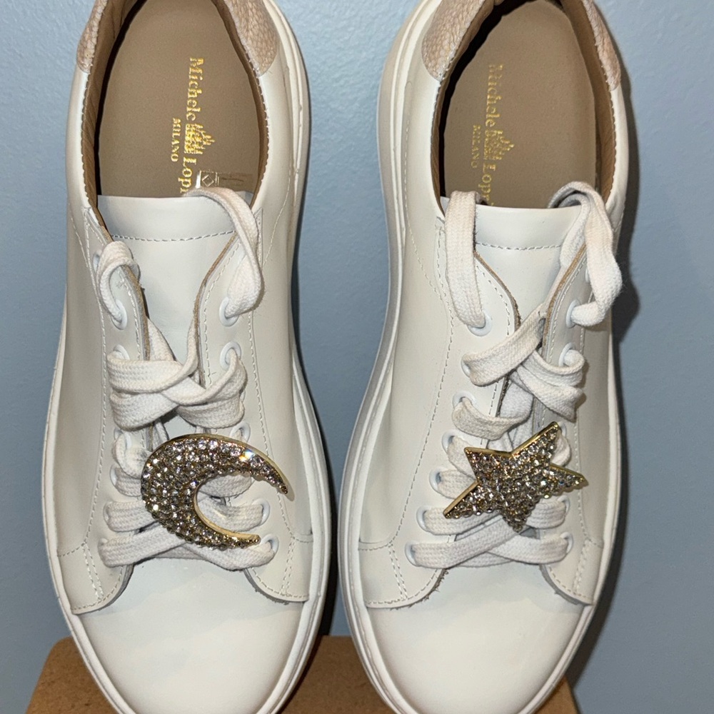 Michele Lopriore White Sneakers with Gold Accents NEW WITHOUT TAGS